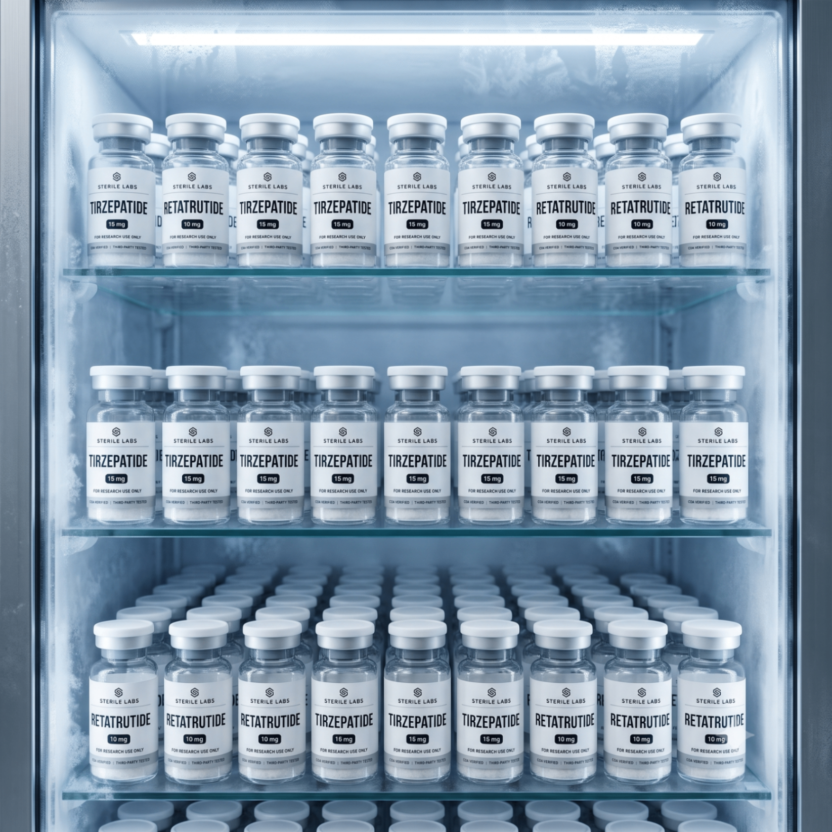 Sterile Labs peptide vials in temperature-controlled cold storage